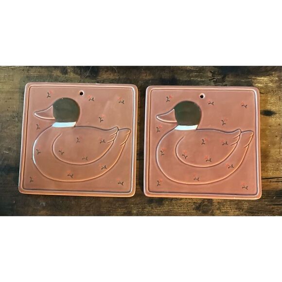 2 Vintage 1982 Otagiri Mallard Duck 7" Square Porcelain Wall Plaque Trivet - Picture 1 of 4